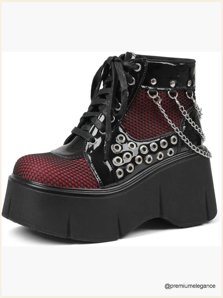 Goth Combat Platform Wedge Ankle Booties Lace Up Mesh Chain Punk